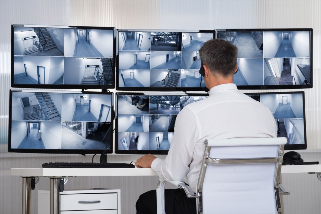Security expert virtually monitoring cameras on a property live